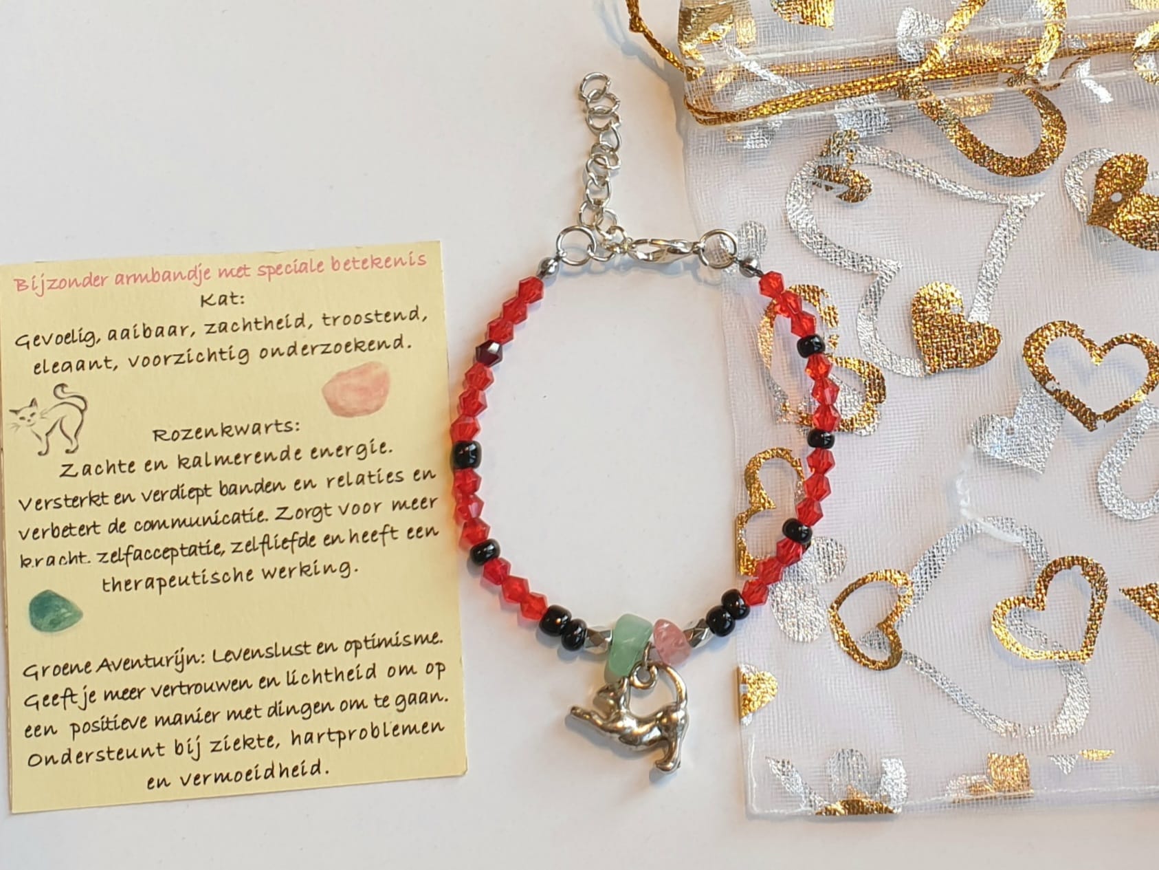 Armband Zilverkleurig/Rood, zwart, kat