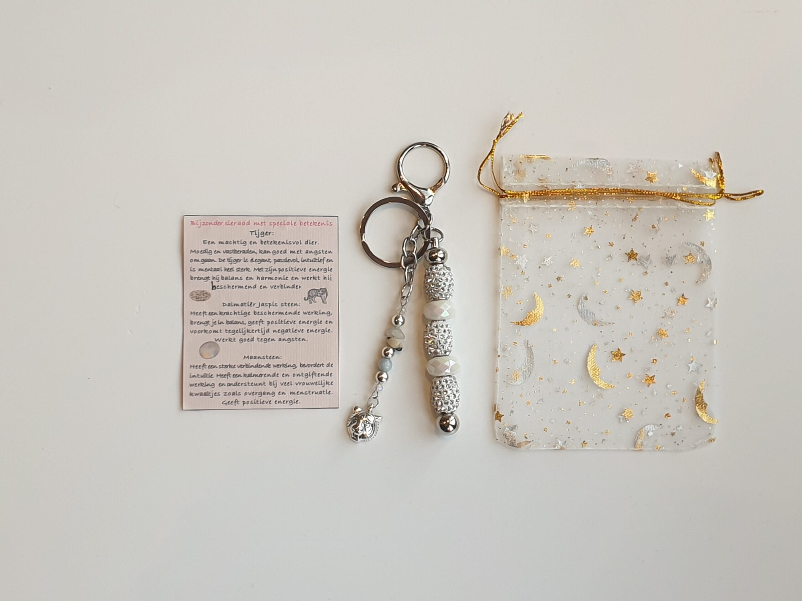 Sleutelhanger zilverkleurig/wit Tijger