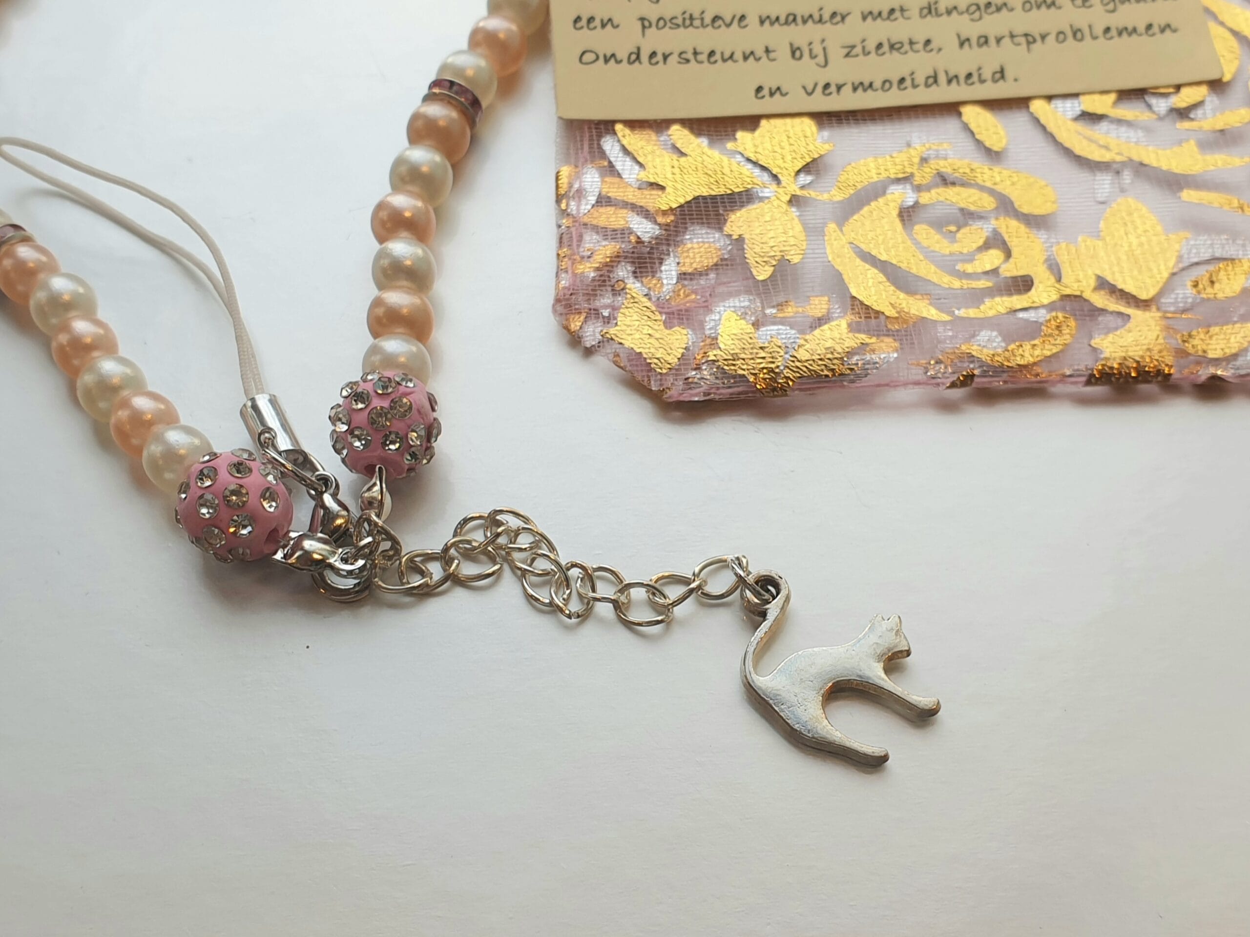 Telefoonsieraad Zilverkleurig/Beige, zacht roze, kat - Afbeelding 3