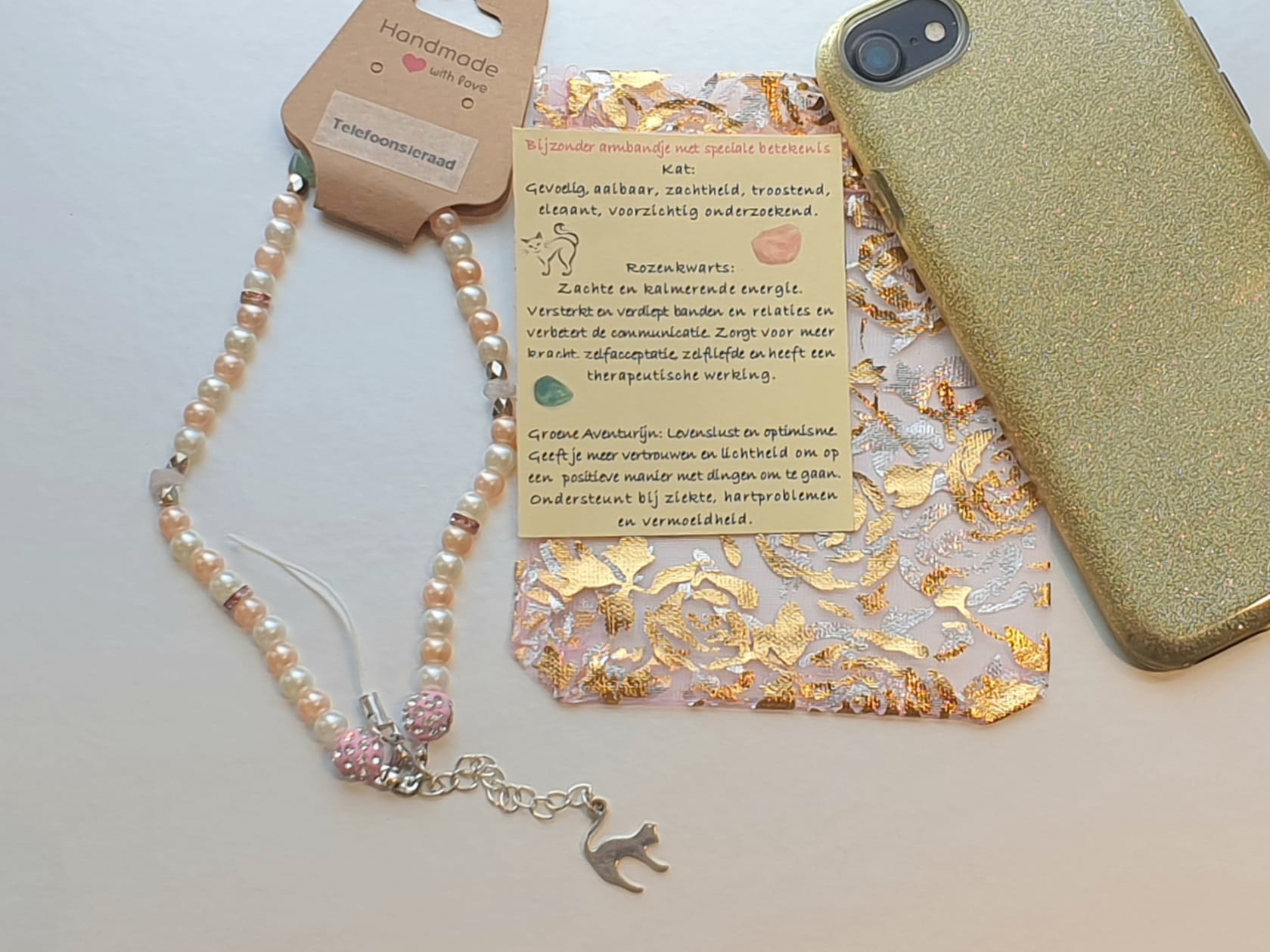 Telefoonsieraad Zilverkleurig/Beige, zacht roze, kat - Afbeelding 5