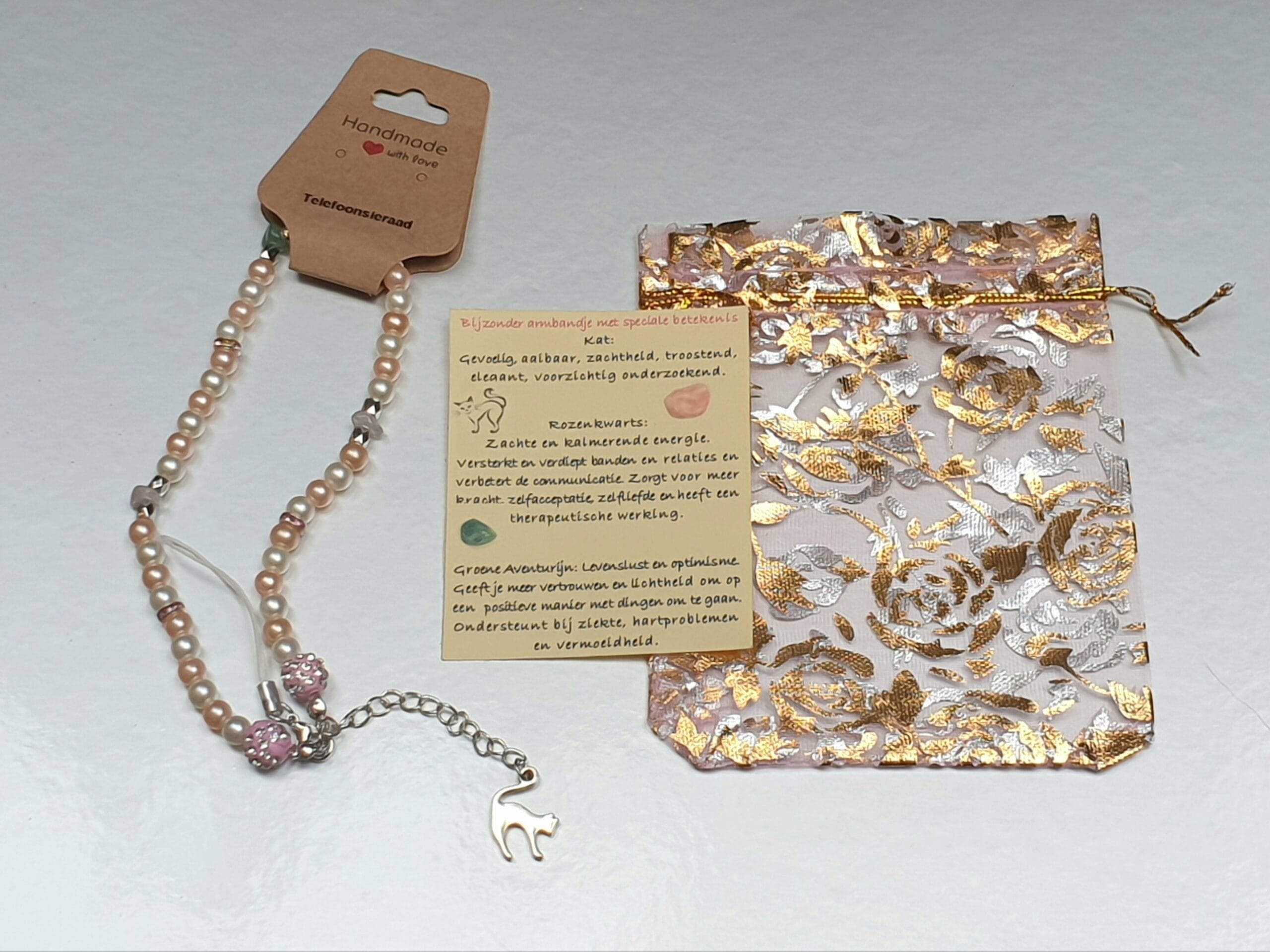 Telefoonsieraad Zilverkleurig/Beige, zacht roze, kat - Afbeelding 2