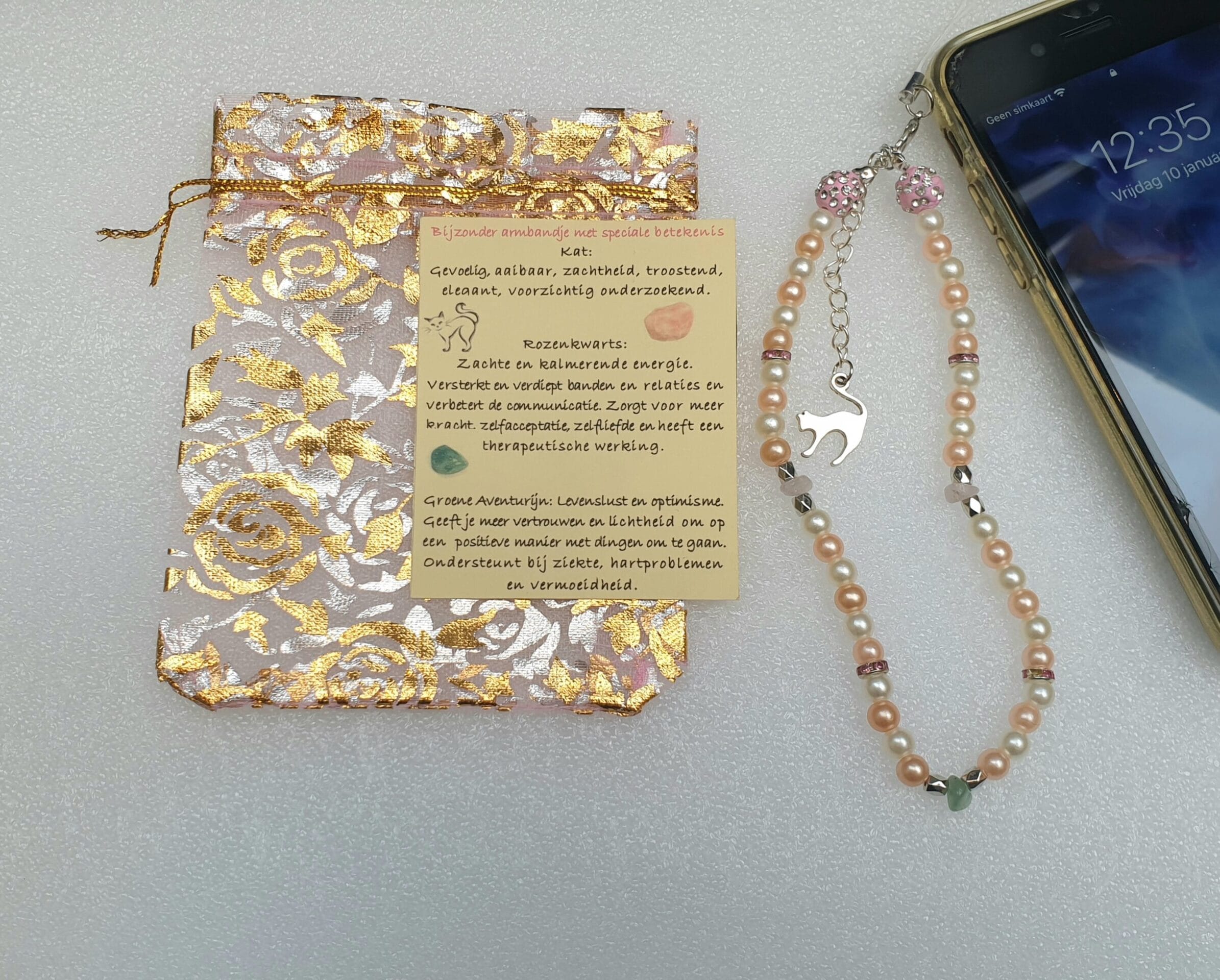 Telefoonsieraad Zilverkleurig/Beige, zacht roze, kat