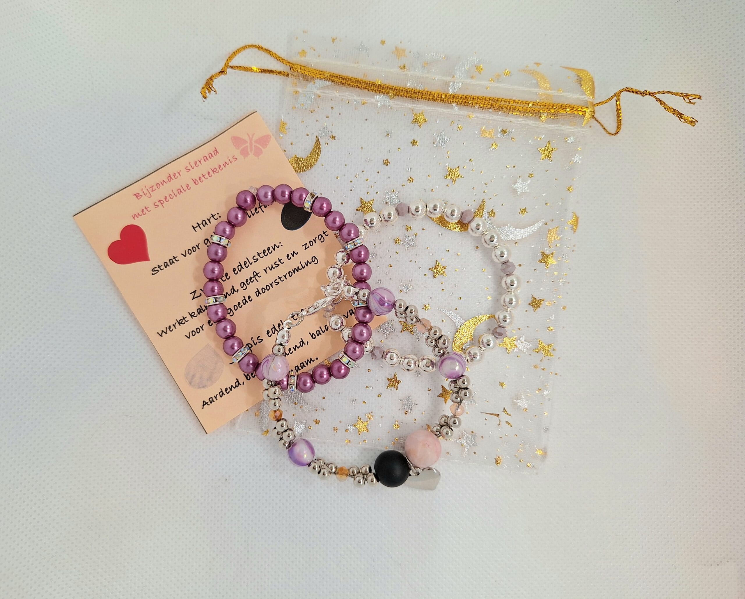 Set van 3 geluks- armbanden zilverkleurig/ paars, zilverkleurig, hart - Afbeelding 2