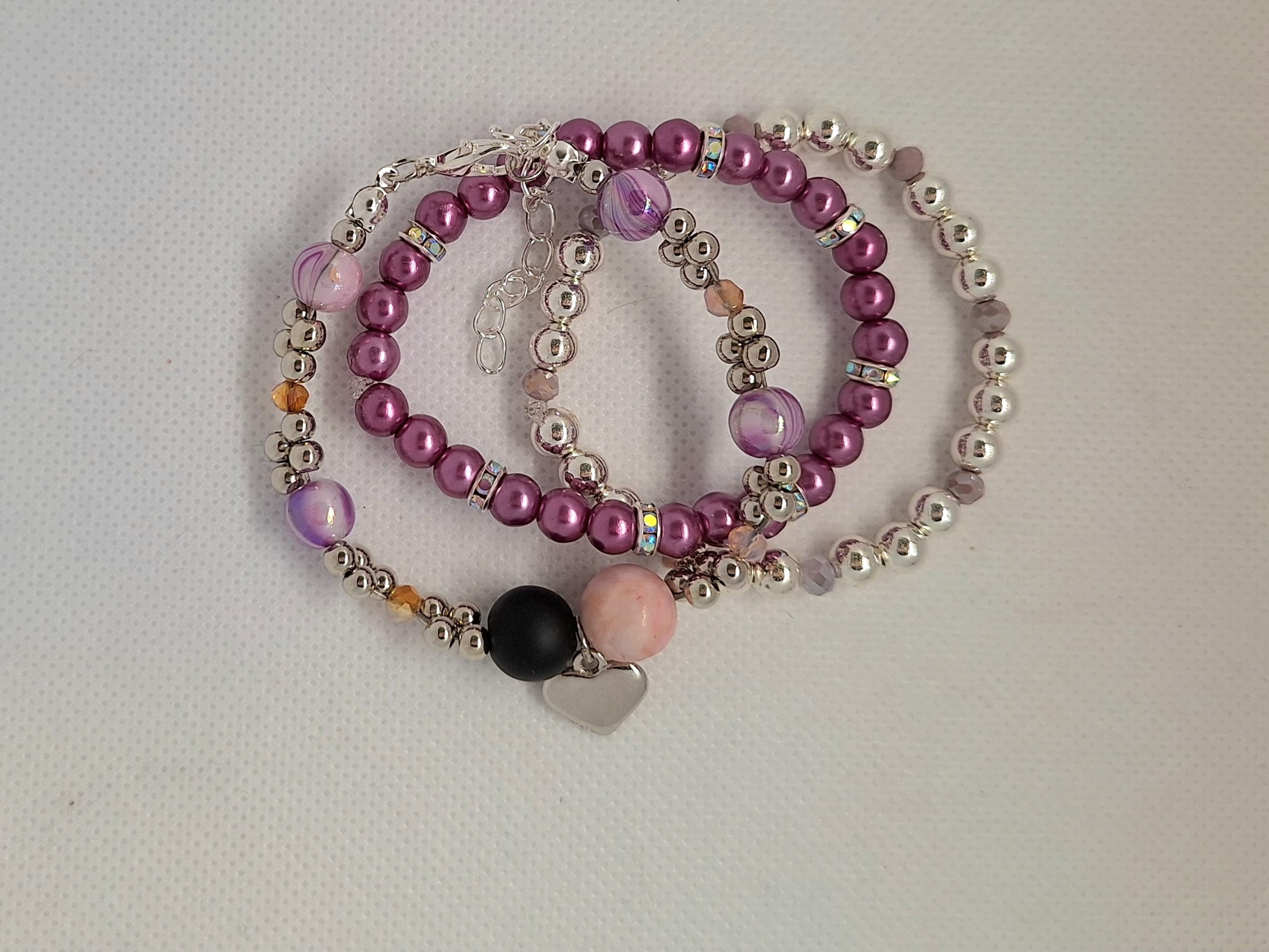 Set van 3 geluks- armbanden zilverkleurig/ paars, zilverkleurig, hart - Afbeelding 6