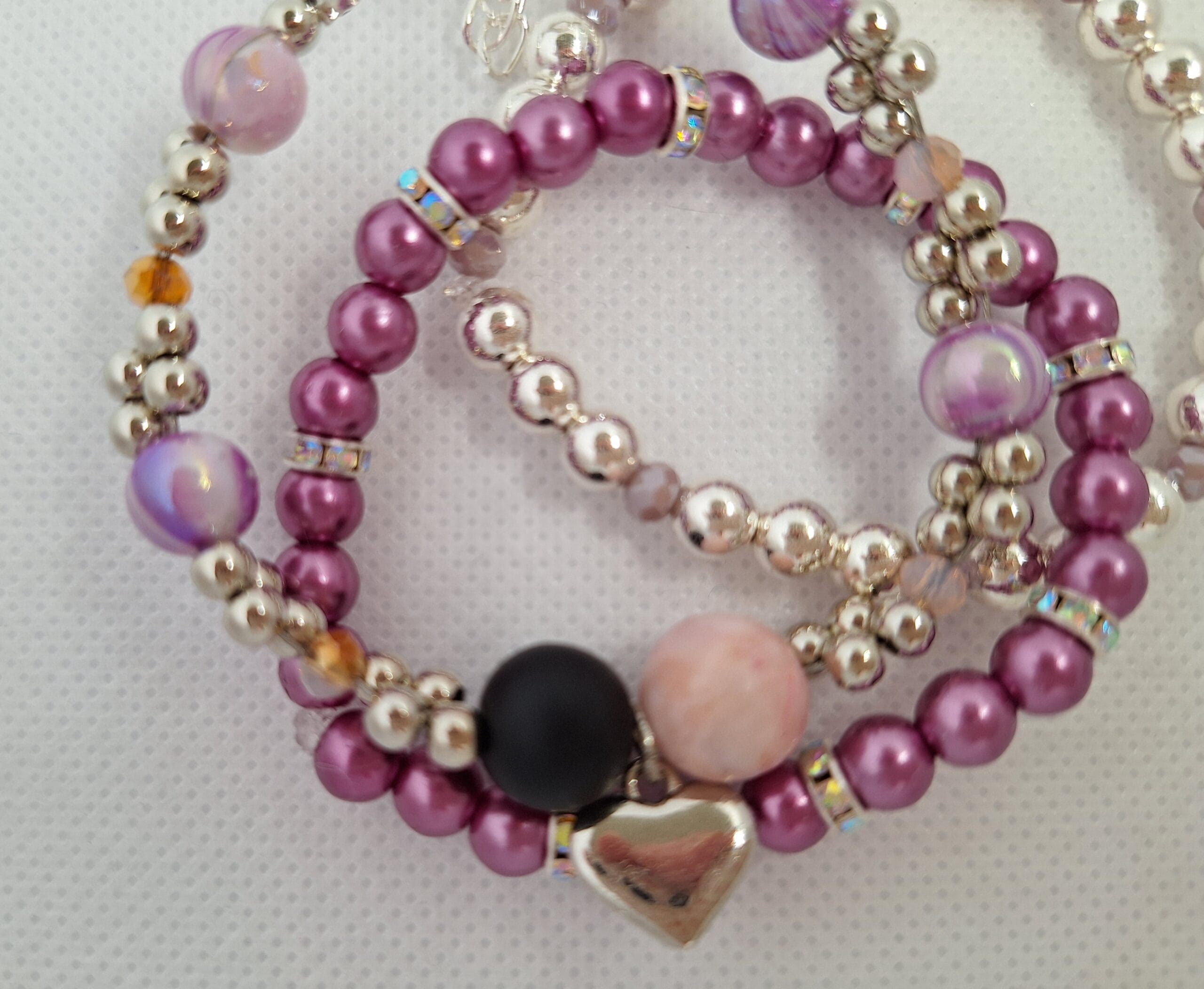 Set van 3 geluks- armbanden zilverkleurig/ paars, zilverkleurig, hart - Afbeelding 3