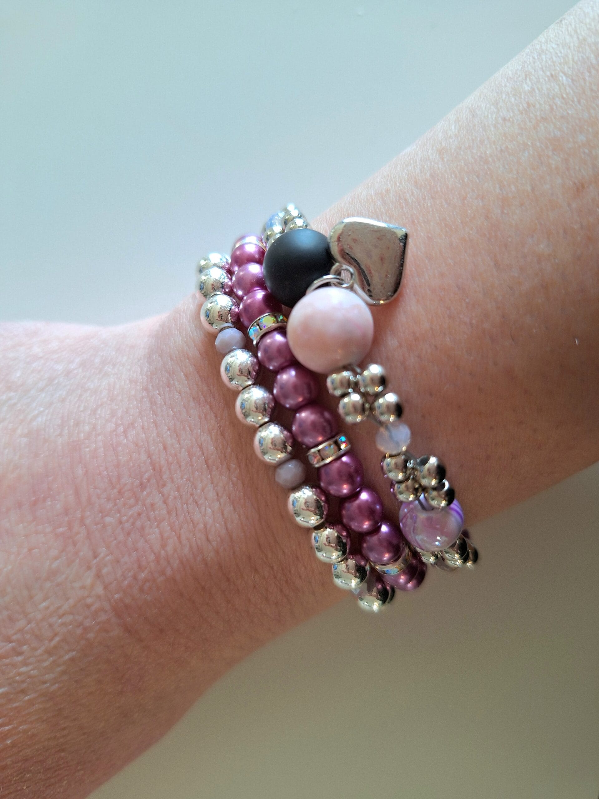 Set van 3 geluks- armbanden zilverkleurig/ paars, zilverkleurig, hart - Afbeelding 5