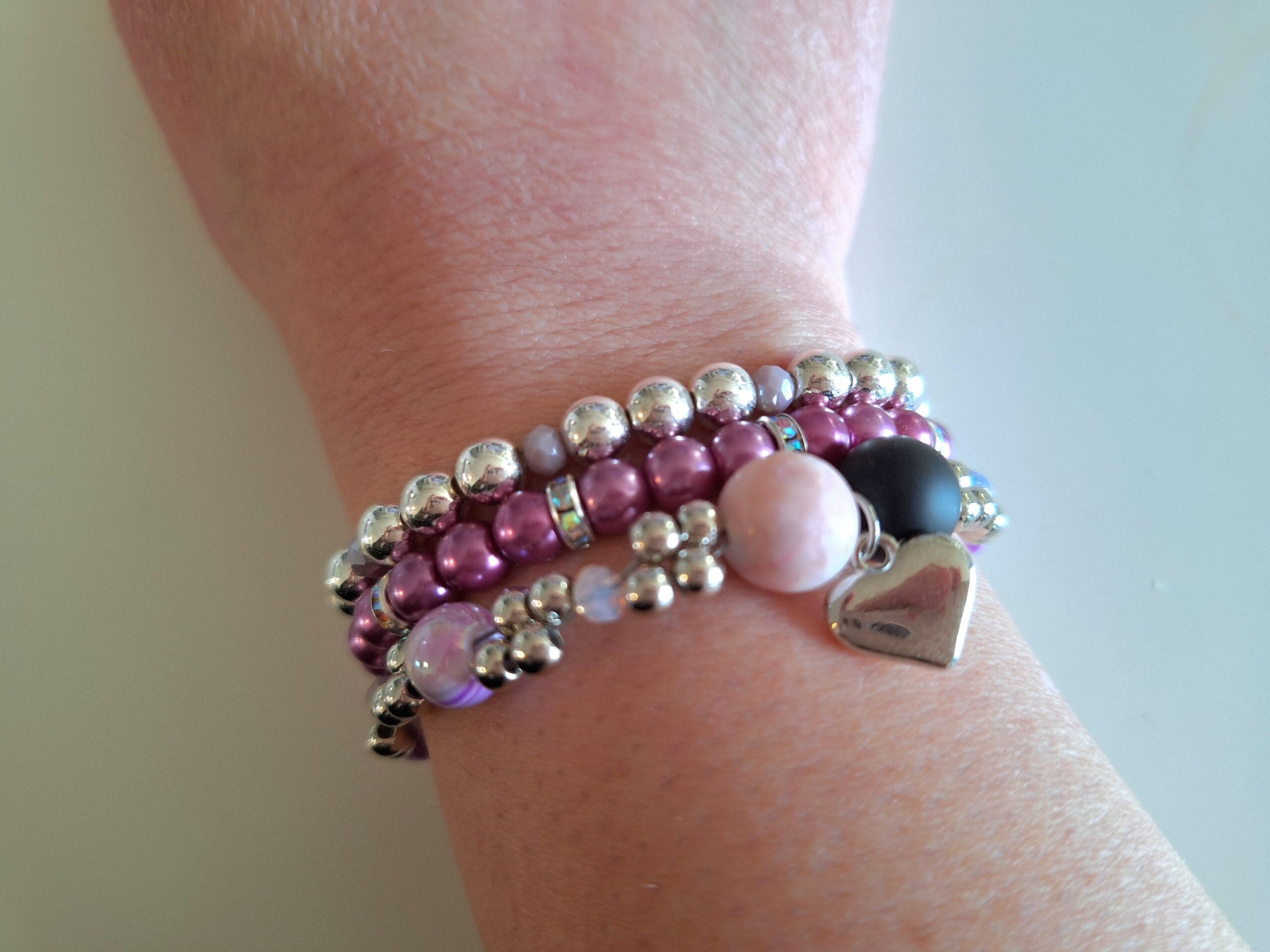 Set van 3 geluks- armbanden zilverkleurig/ paars, zilverkleurig, hart - Afbeelding 4