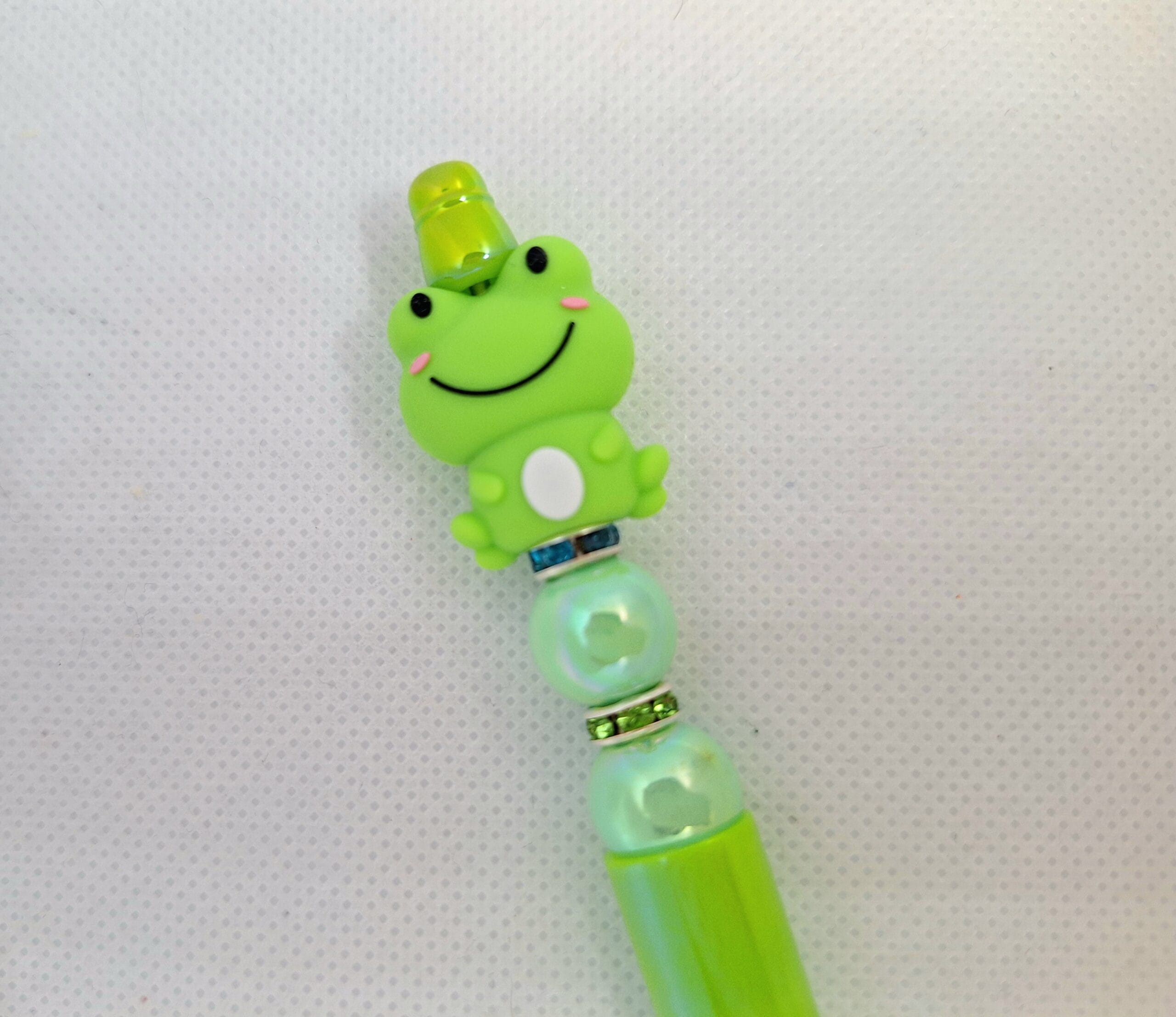 Handgemaakte luxe Kikker pen/ groen, parelmoer, steentjes - Afbeelding 2