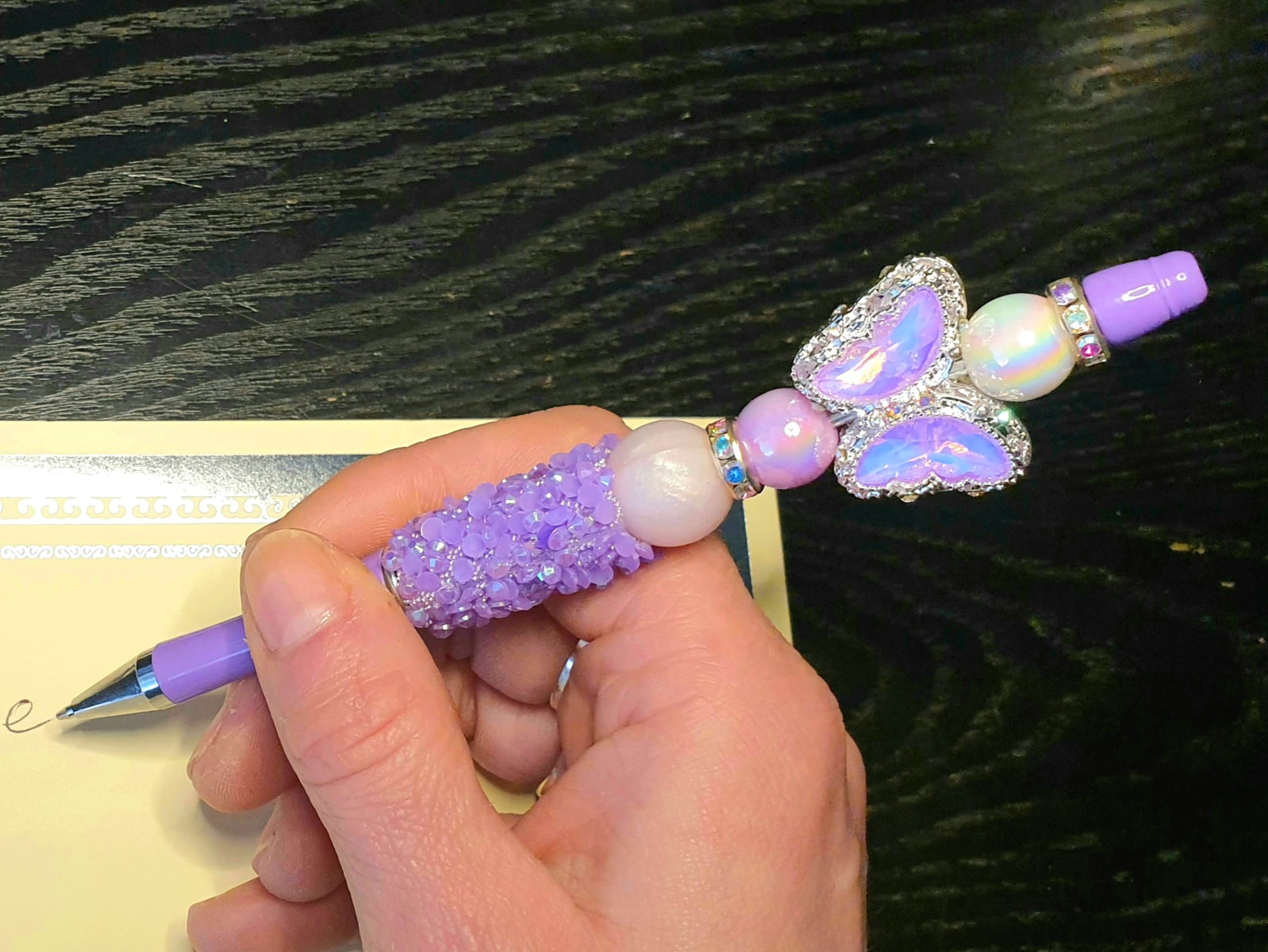 Handgemaakte luxe Harten pen/ Paars, parelmoer, steentjes - Afbeelding 2