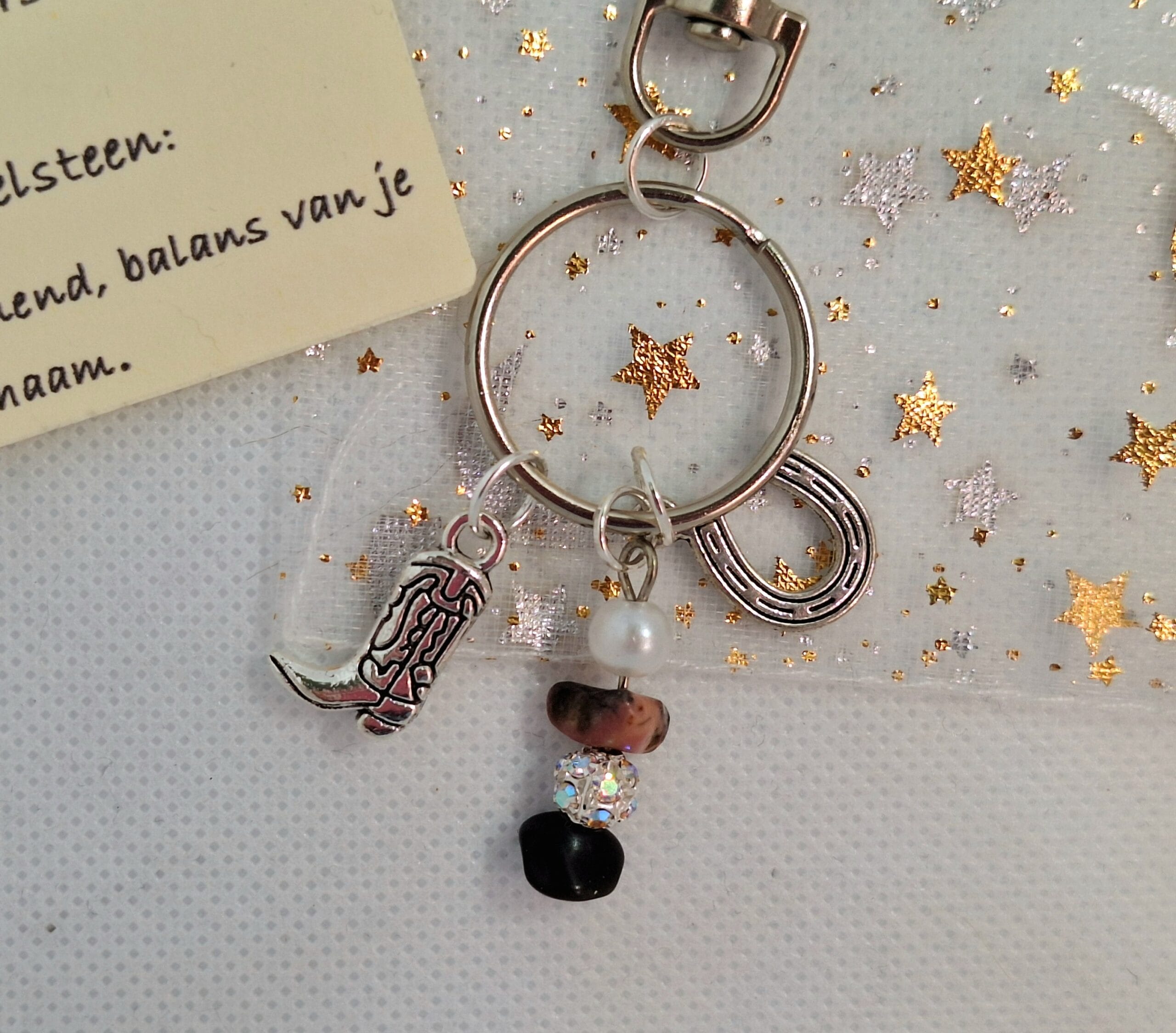 Geluks sleutelhanger zilverkleurig/ Hoefijzer zilverkleurig, witte parelkleurige en glitter kraal - Afbeelding 4