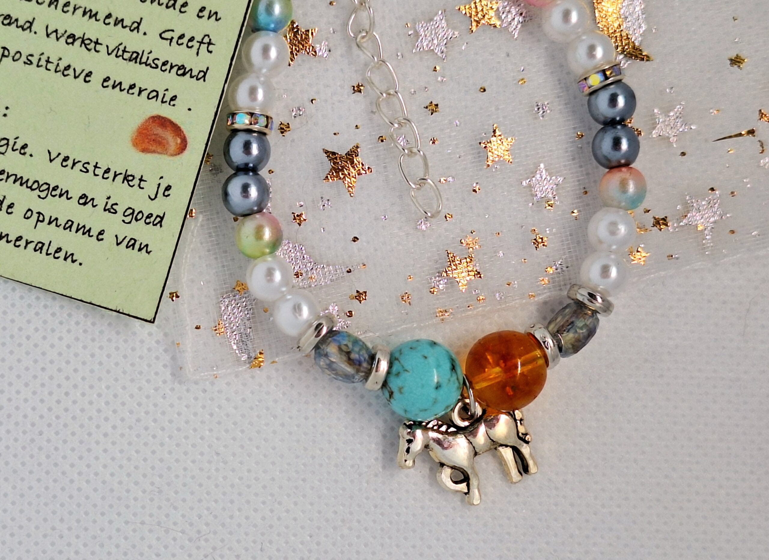 Armband Zilverkleurig paard/ zilverkleurige, witkleurige parel, blauw zilverkleurig - Afbeelding 5